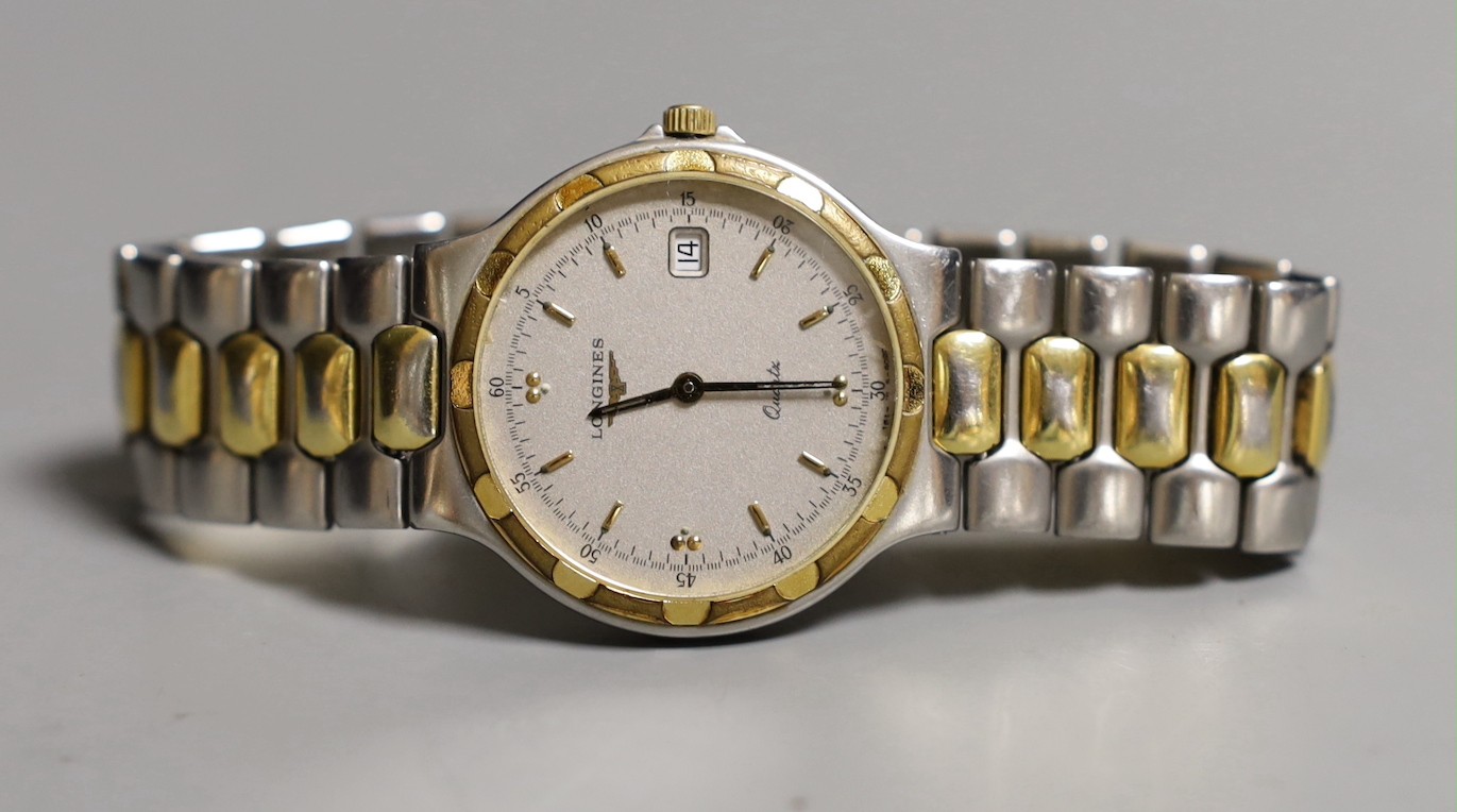 A gentleman's steel and gold plated Longines quartz wrist watch